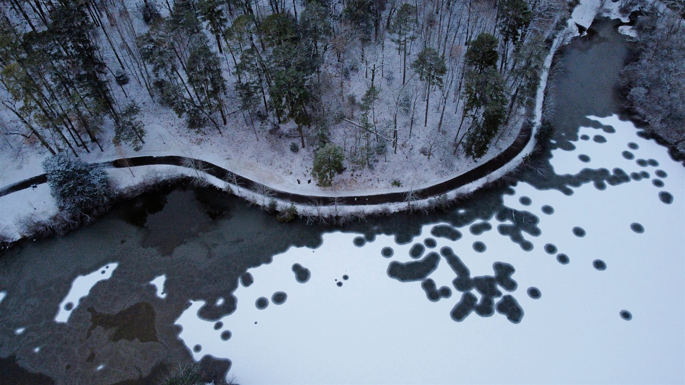 A frozen lake and snow-covered forest photographed from above