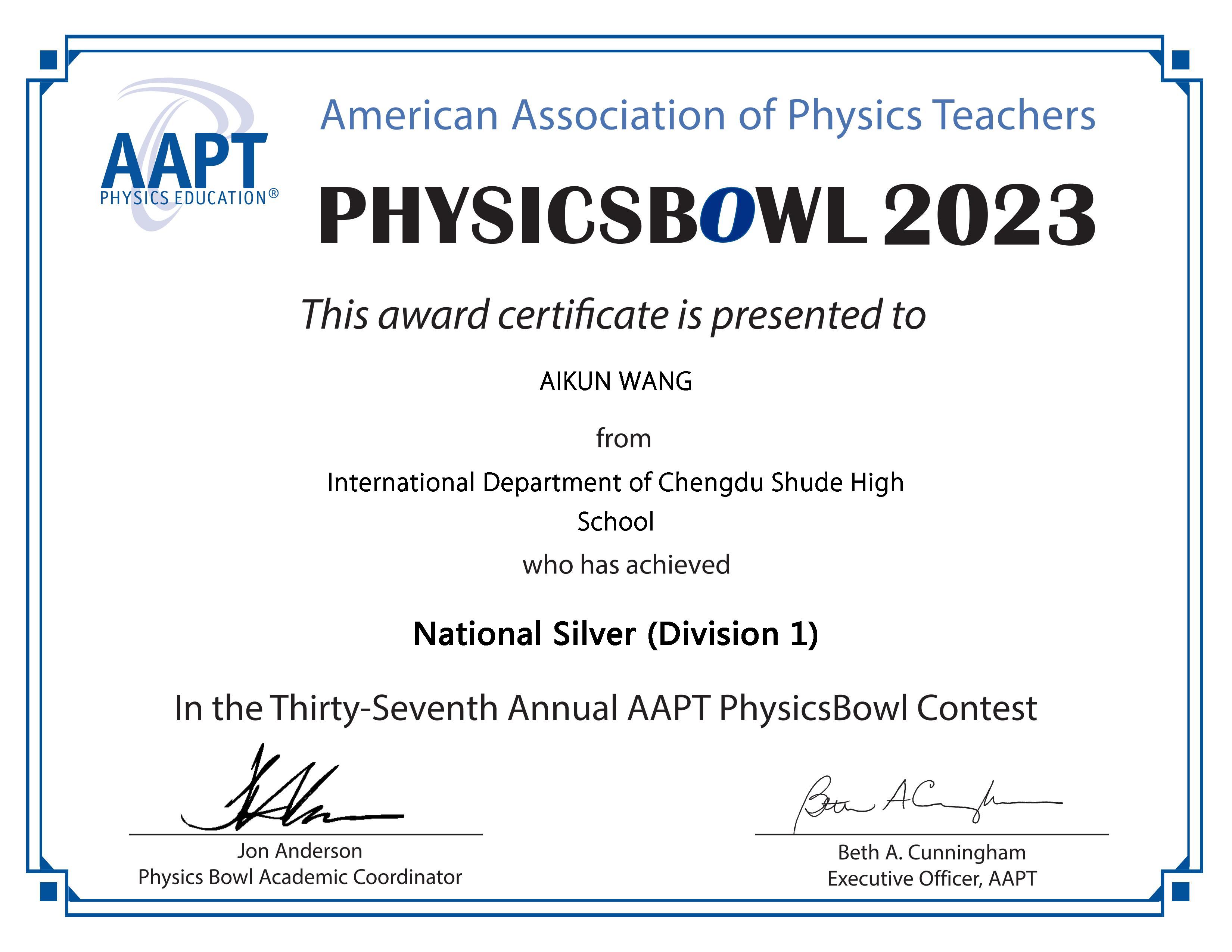 Physics Bowl 2023 national silver certificate
