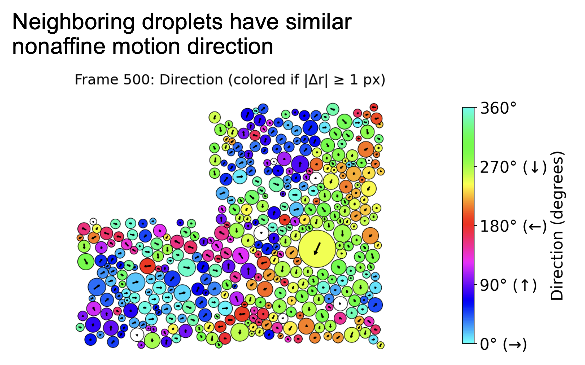 Neighboring droplets nonaffine motion direction analysis